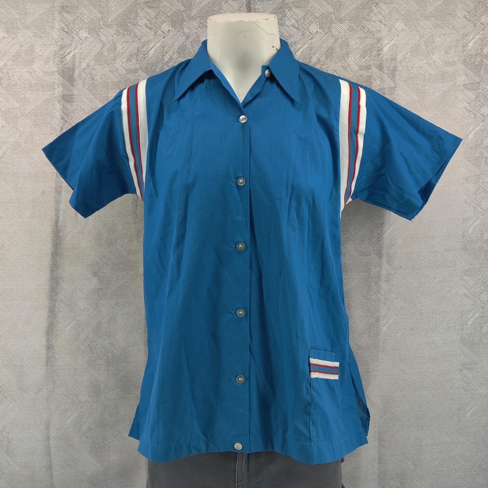 Hilton Bowling Shirt Women 42 Blue Stripe Retro Vintage Short Sleeve Button Up